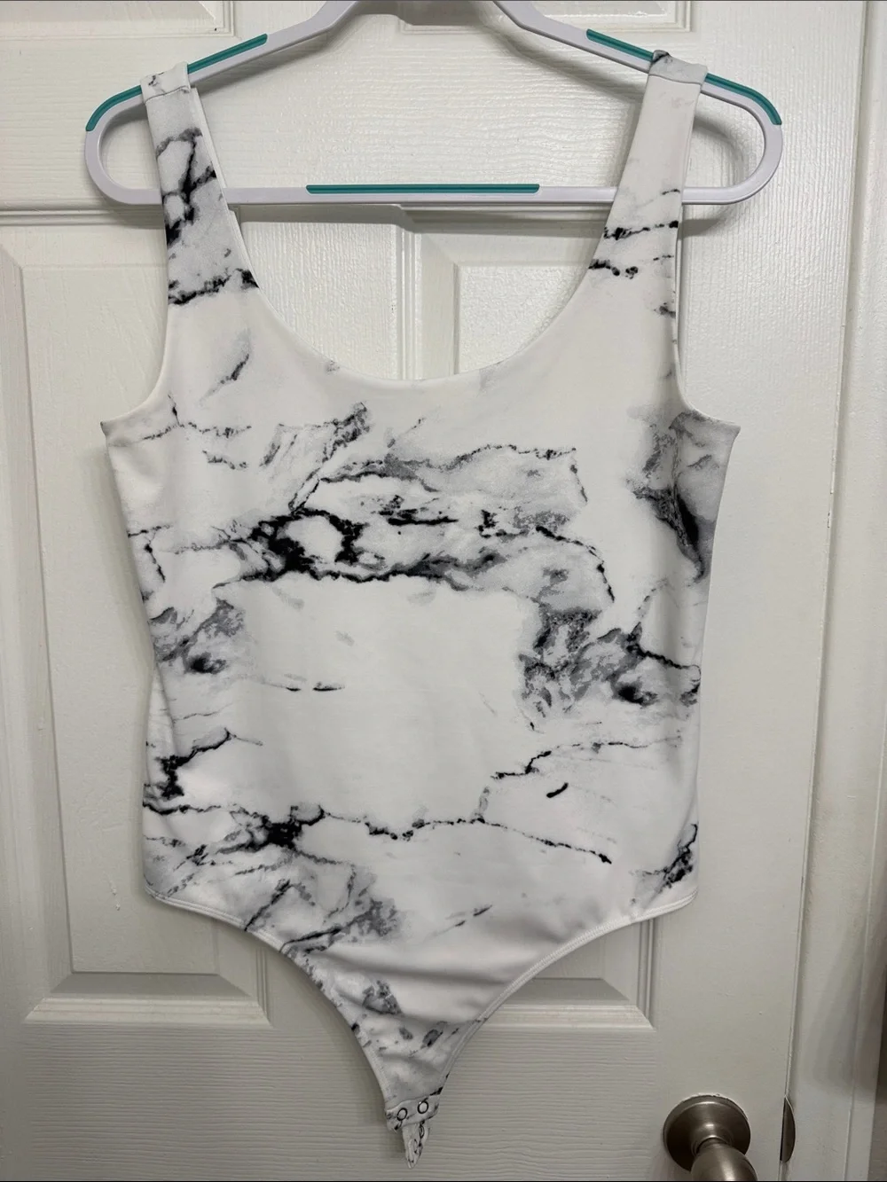 Express White Body Contour Tank Top Bodysuit with Black Marble Print